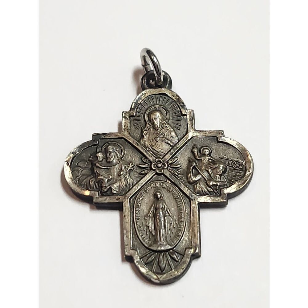 Vintage Elco Sterling Catholic Saints Mary four ways religious cross pendant